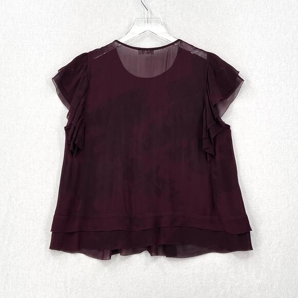 LOVESHACKFANCY Silk Blouse Top Womens Medium Burgundy Ruffle Pintuck Scoop Neck - Picture 6 of 16